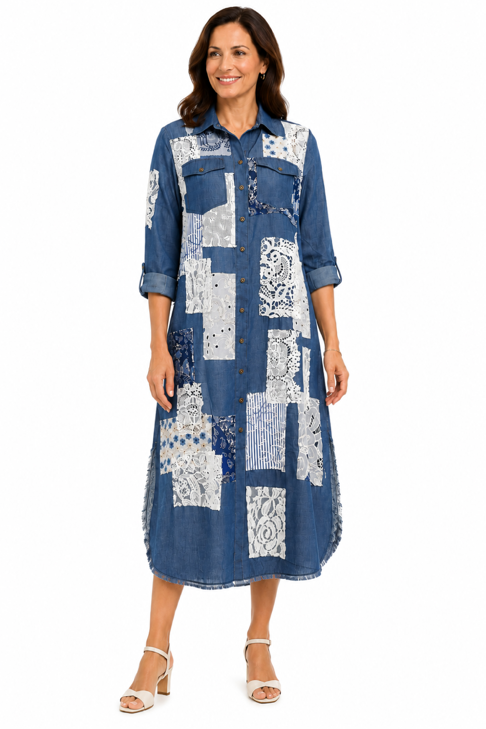 Blue Denim Patch Patchwork Roll Tab Sleeve Dress - Missy