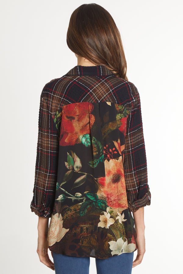 Plaid Top with Floral Print Back - Women's - Plaid Multi