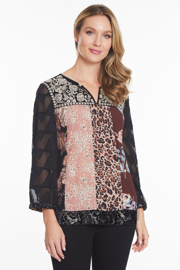 Embroidered Tunic with Velvet Trim - Multi