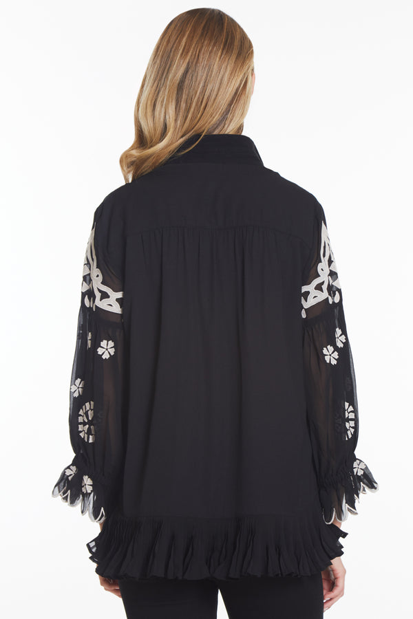 Embroidered Tunic with Ruffle Hem - Black
