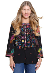 Embroidered Button-Up Tunic - Petite - Black