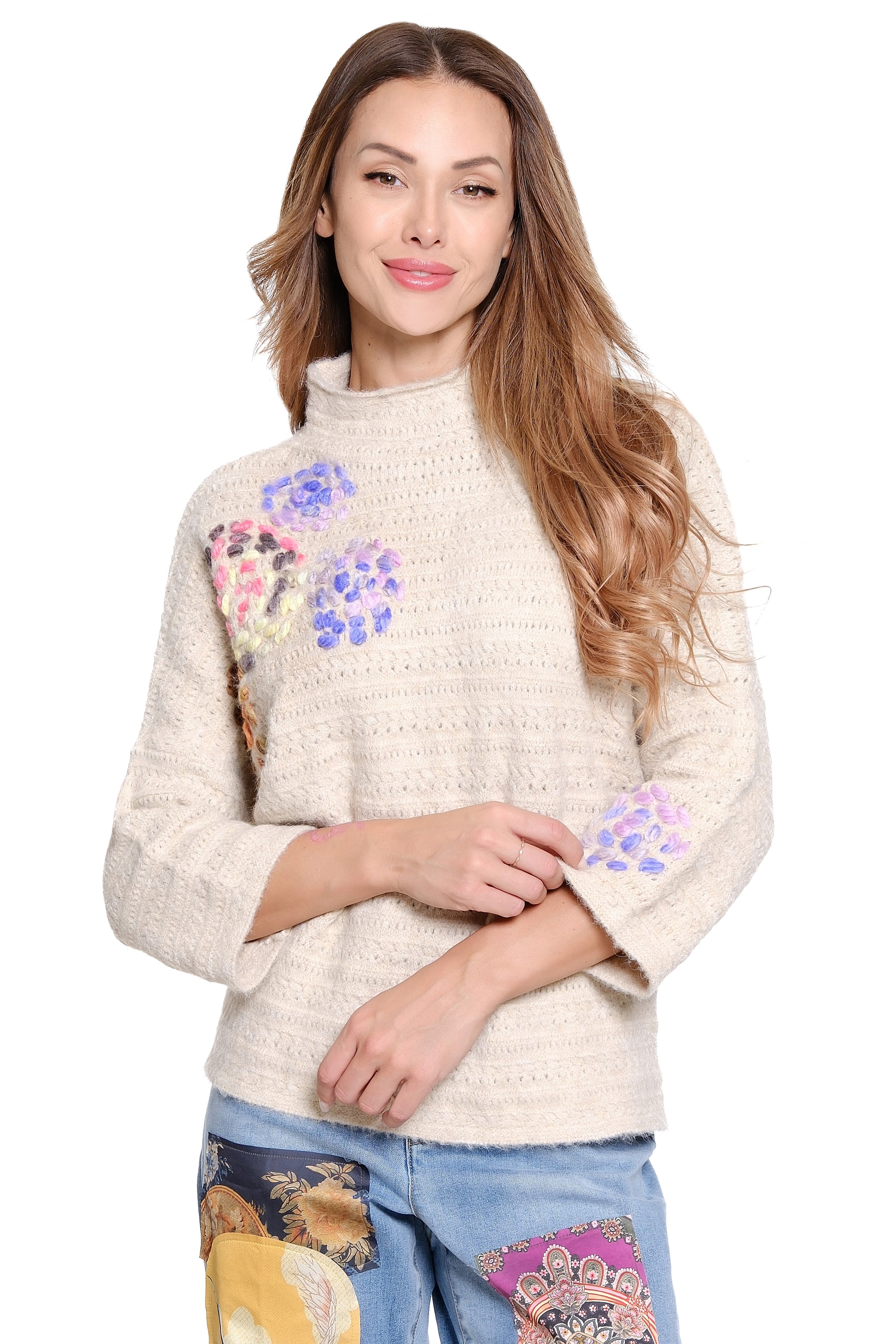 Embroidered Cowl Neck Sweater - Petite - Almond