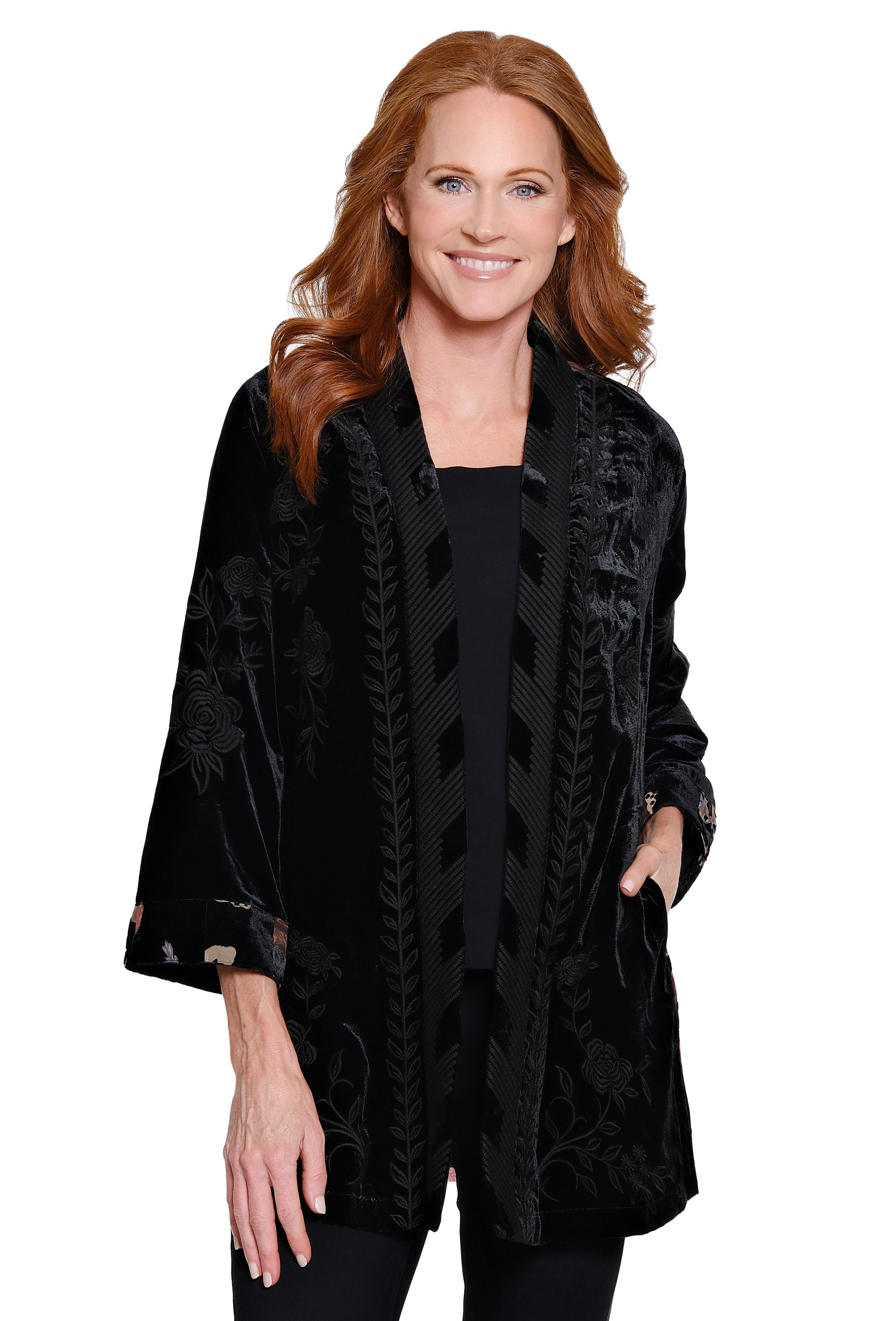 Embroidered Long Velvet Kimono - Black