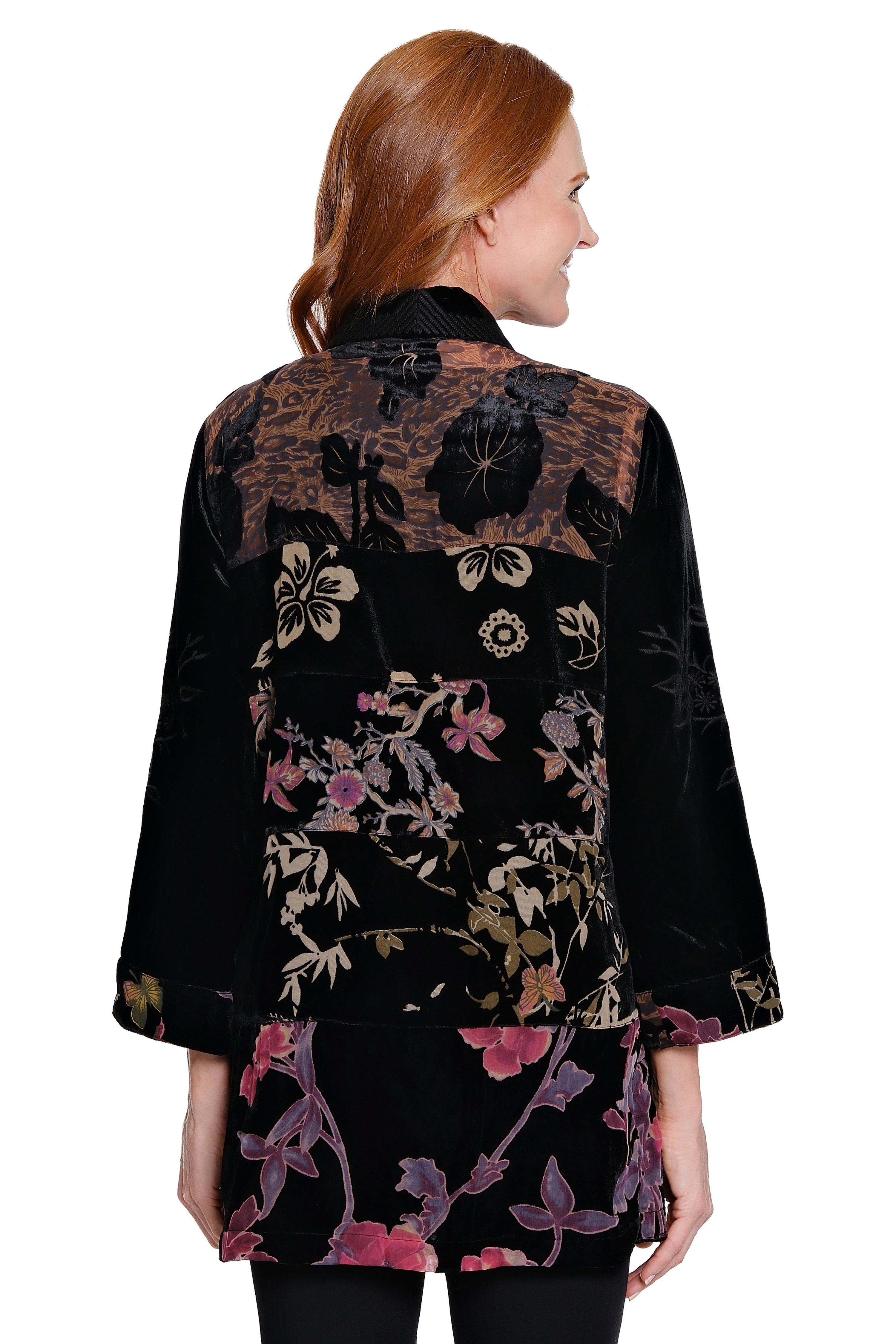 Embroidered Long Velvet Kimono - Black