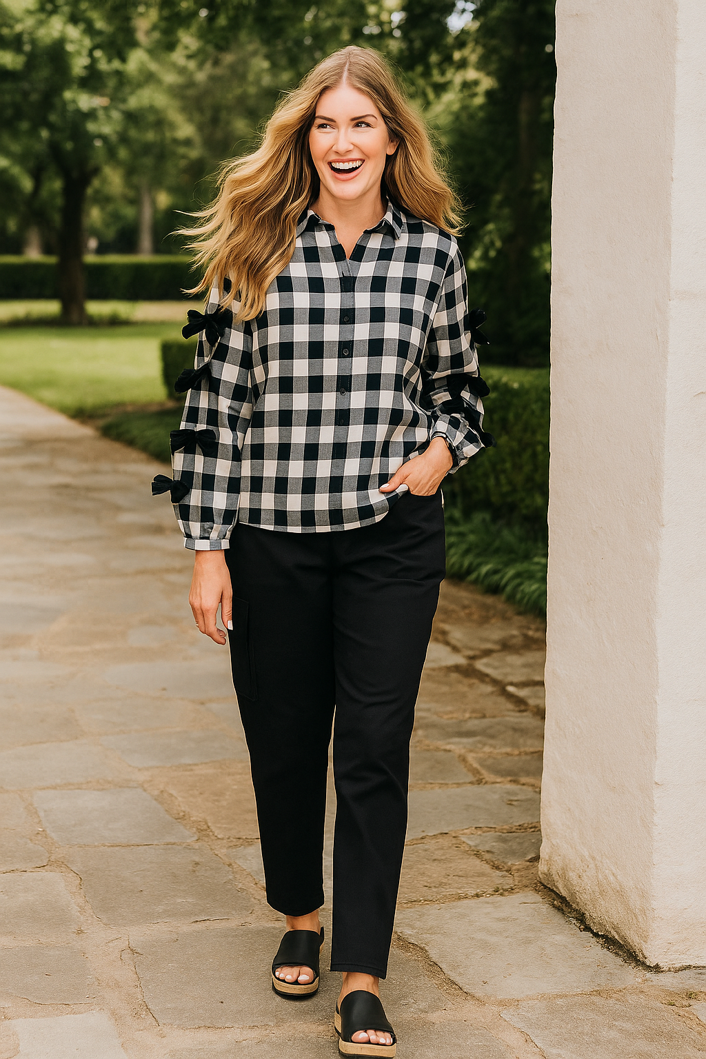 Plaid Bow Sleeve Top - Black/White
