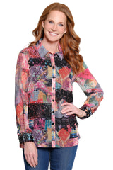 Patch Print Blouse with Lace Inserts - Plus - Multi Pink