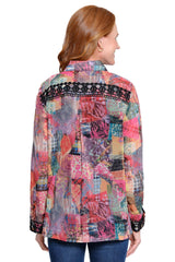 Patch Print Blouse with Lace Inserts - Plus - Multi Pink
