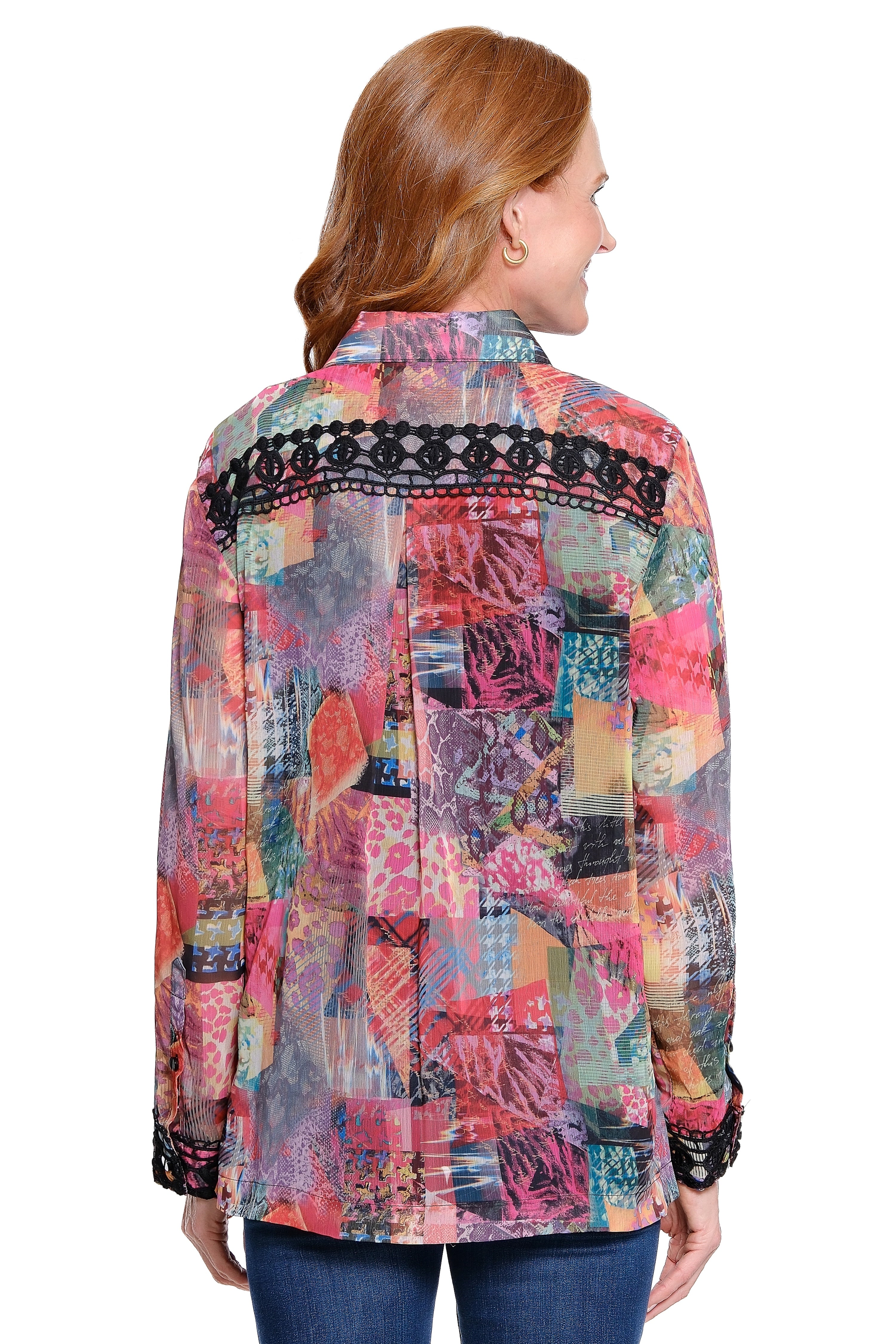 Patch Print Blouse with Lace Inserts - Petite - Multi Pink