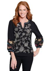 Embroidered Peasant Top with Split Neck - Plus - Black