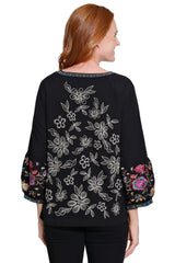 Embroidered Peasant Top with Split Neck - Plus - Black