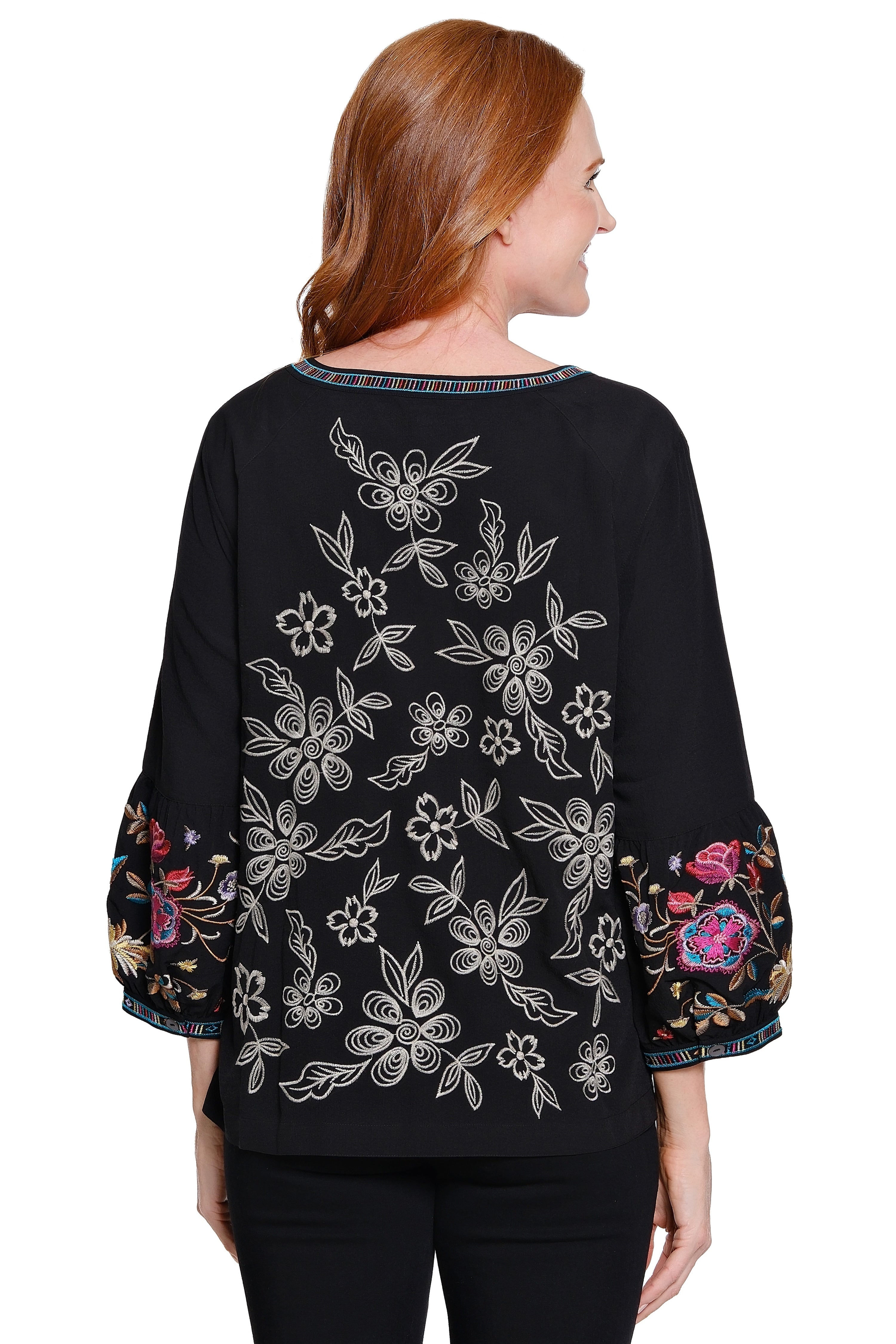 Embroidered Peasant Top with Split Neck - Petite - Black