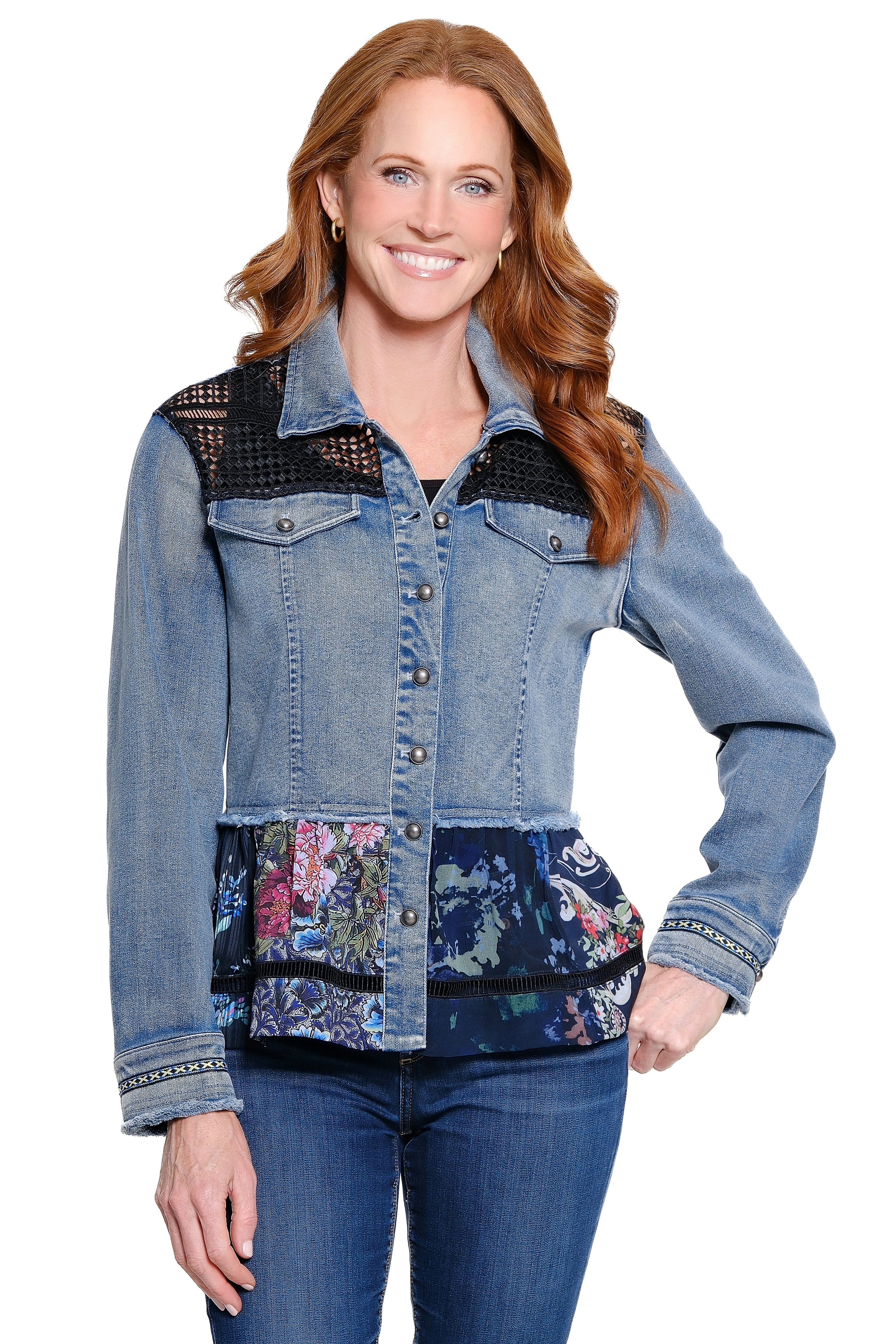 Denim Jacket with Lace Details - Denim