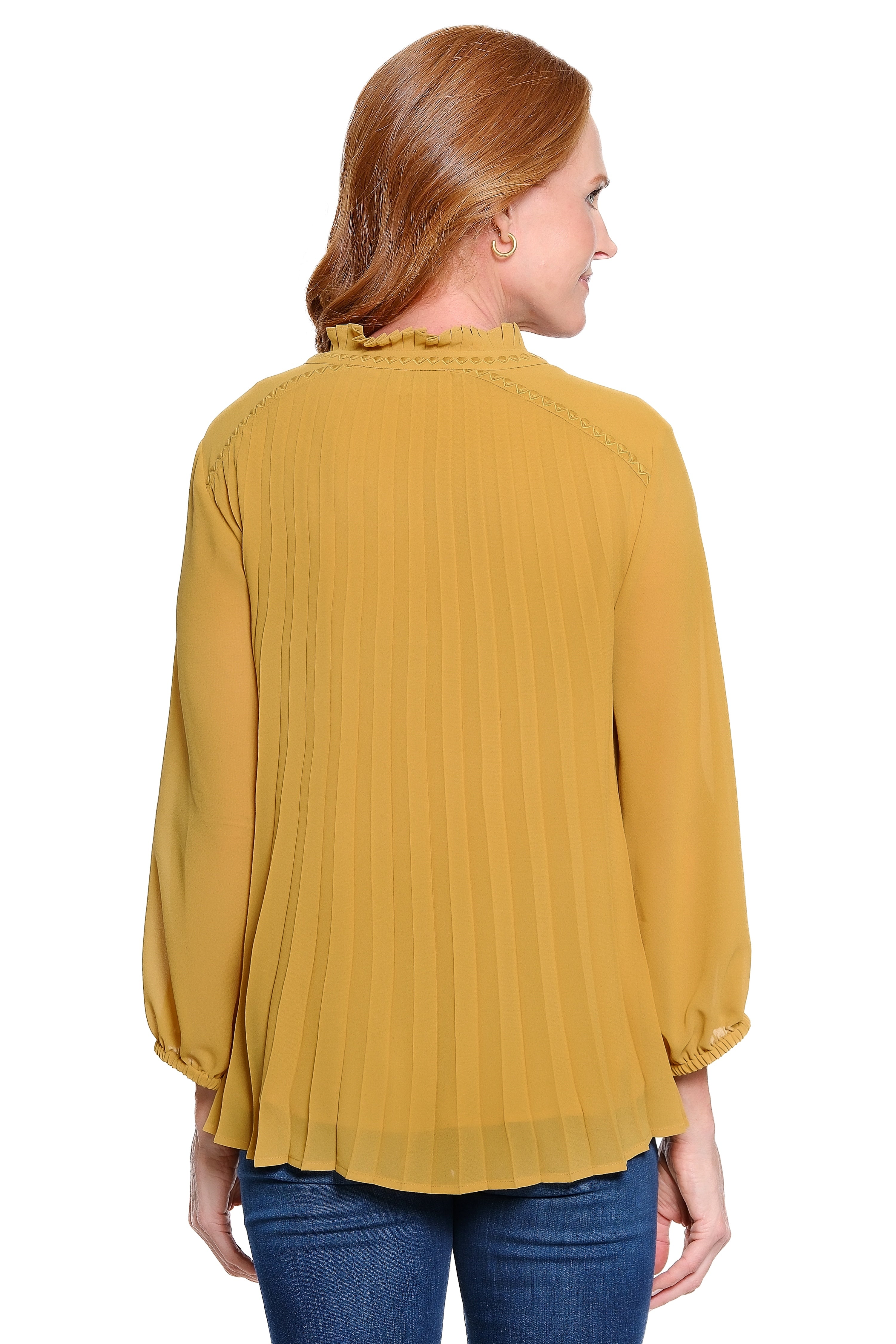 Pleated Pullover Top with Embroidery - Goldenrod