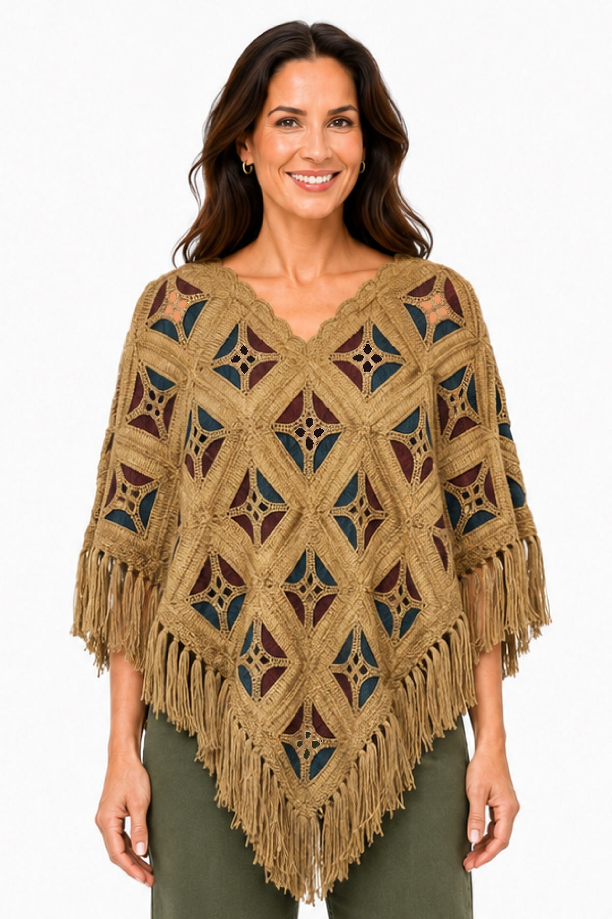 Classic Gold Crochet Fringe Popover Cape - Missy