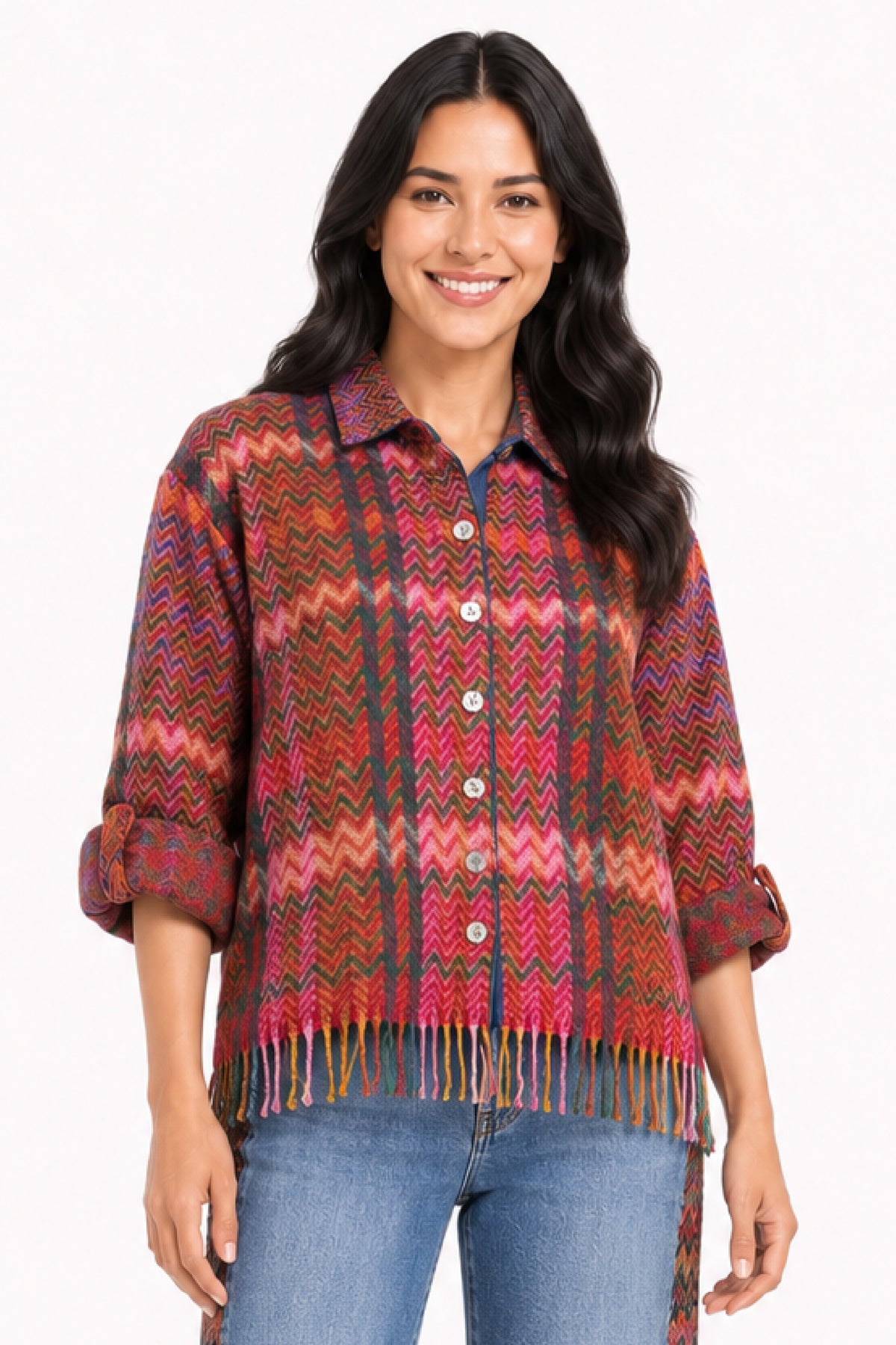 Pink Plaid Woven Chevron Print Collared Button Front L/S Jacket w/ Fringe - Petite