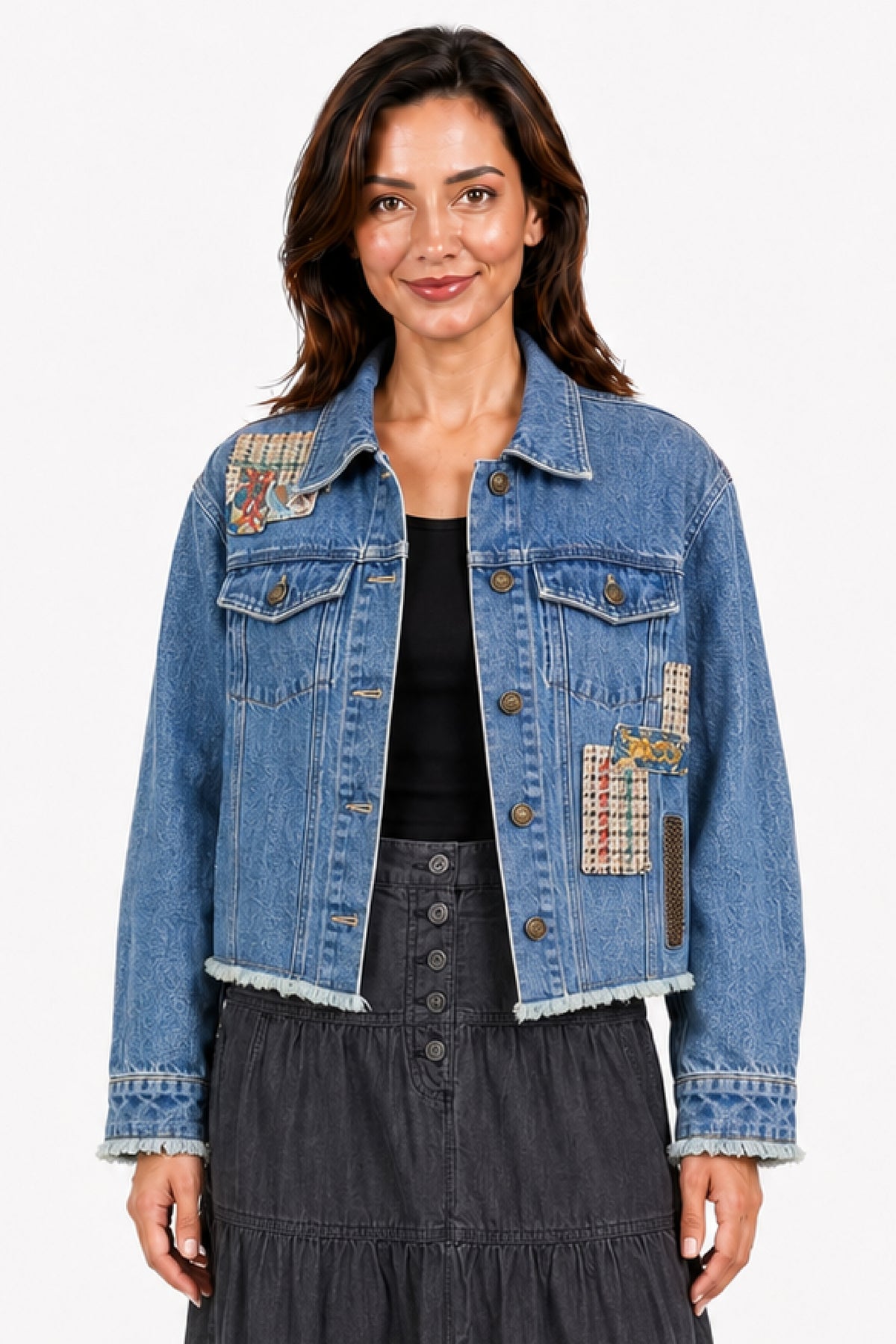 Dog Print Woven Denim Collared Button Front L/S Patchwork Jacket - Plus