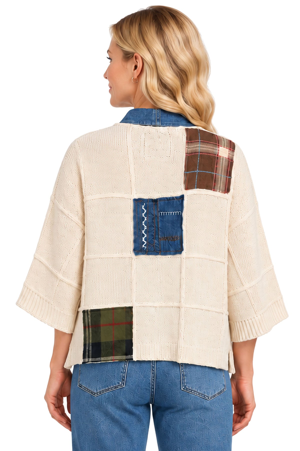 Patch Multi Knit Patchwork Shawl Neckline Button Front 3/4 Sleeve Cardigan w/ Embroidery