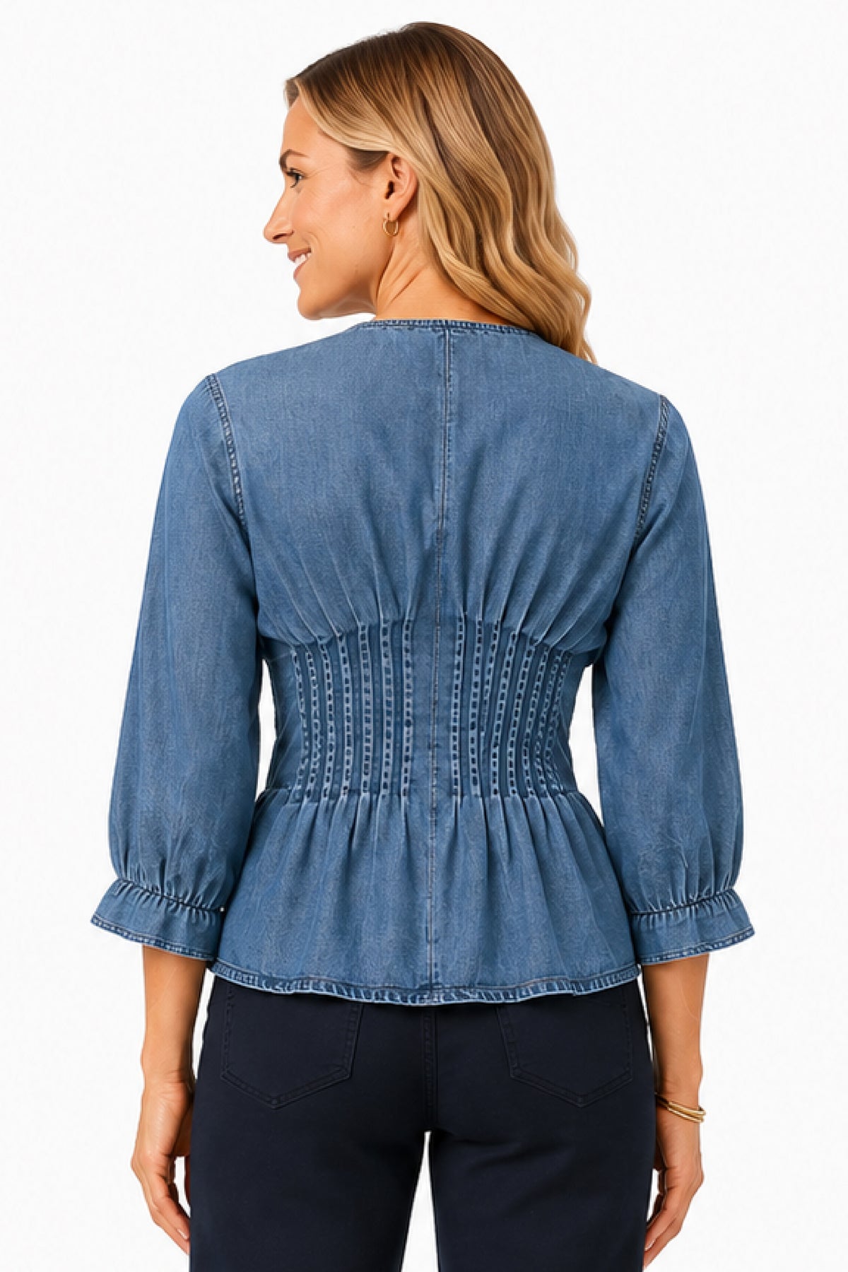 Denim Woven Solid V-Neck Zip Front L/S Drop Shoulder Blouse - Missy