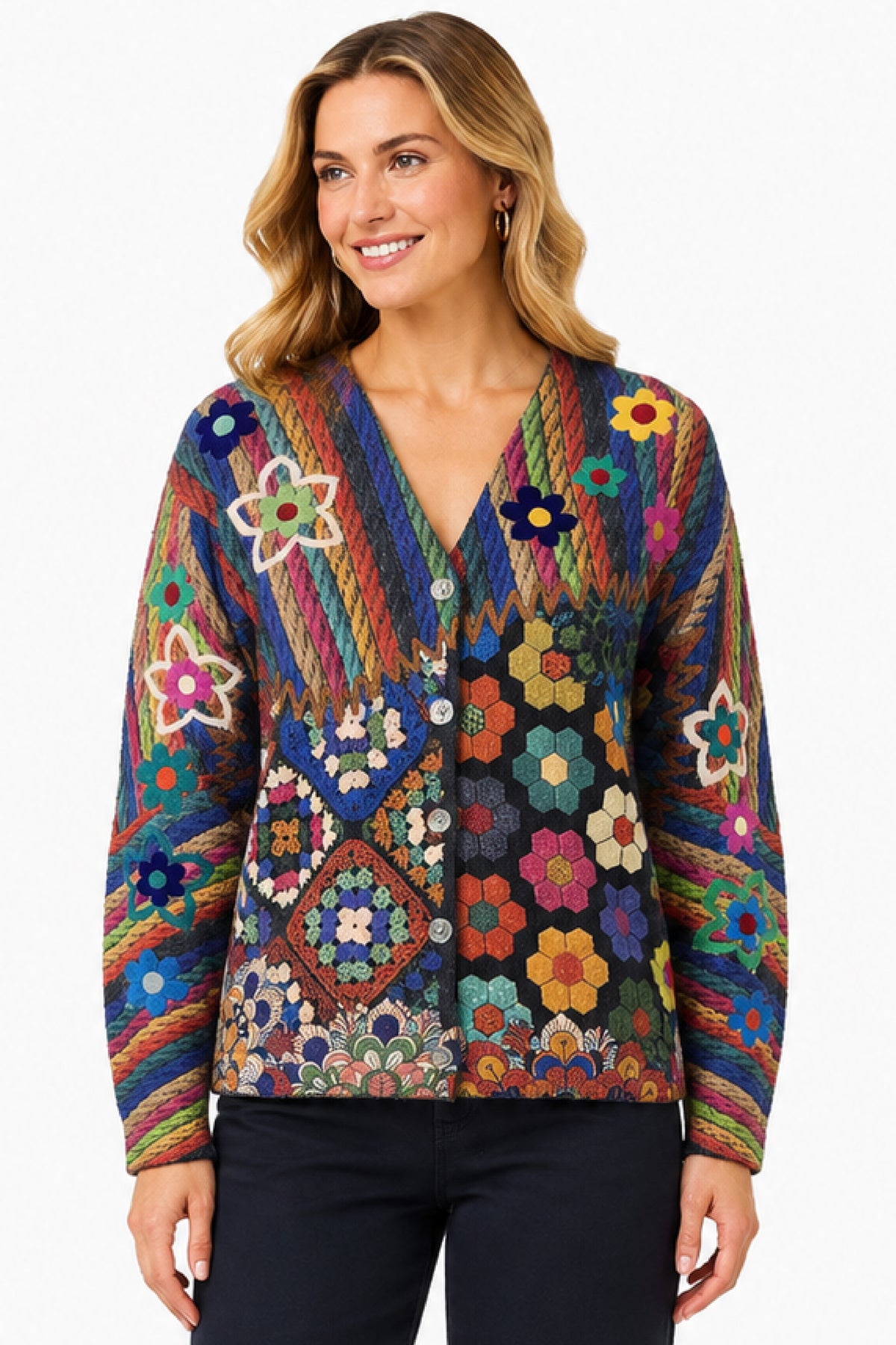 Multi Knit Mix Print V-Neck Button Front L/S Cardigan Sweater w/ Felting Details - Petite