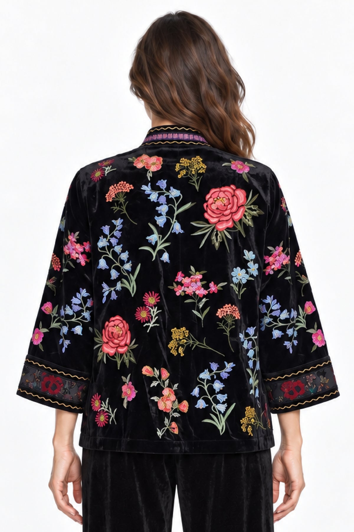 Floral Multi Embroidered Velvet Open Front Jacket