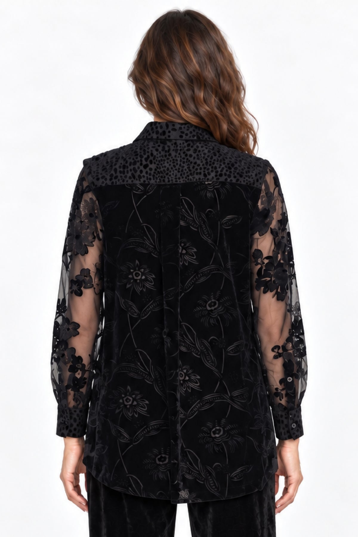 Black Velvet Burnout Roll Tab Blouse