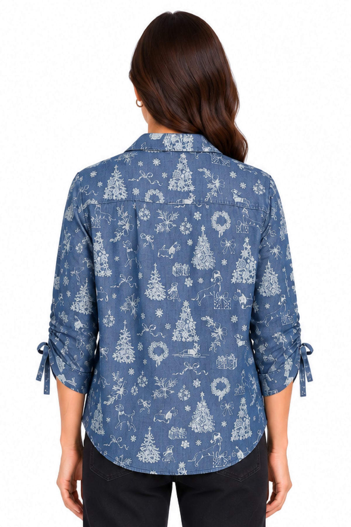 Denim Holiday Print Wire Collar Popover
