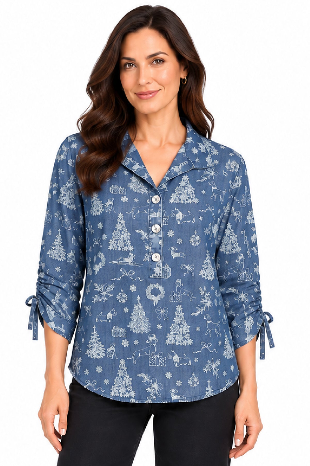 Denim Holiday Print Wire Collar Popover