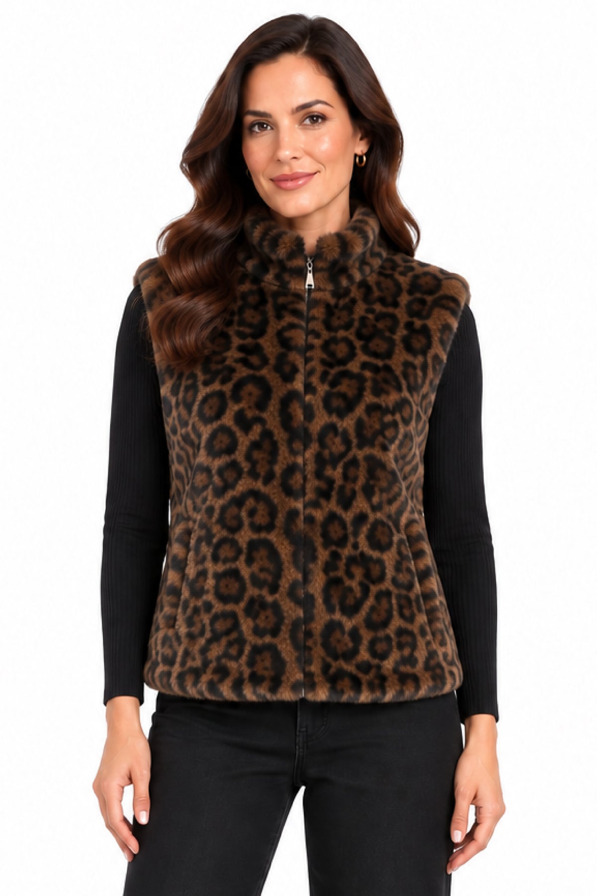 Leopard Plush Stand Collar Zip Vest