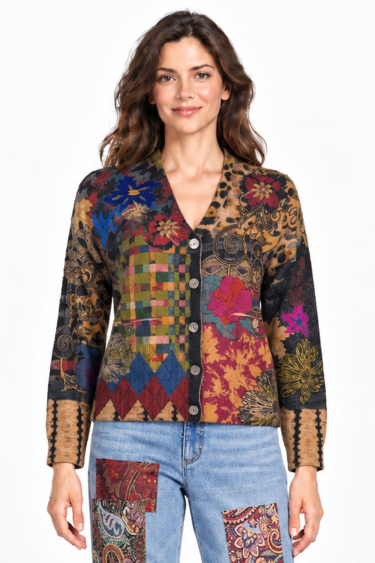 Multi Mixed Print Cardigan & Patchwork Jean Set