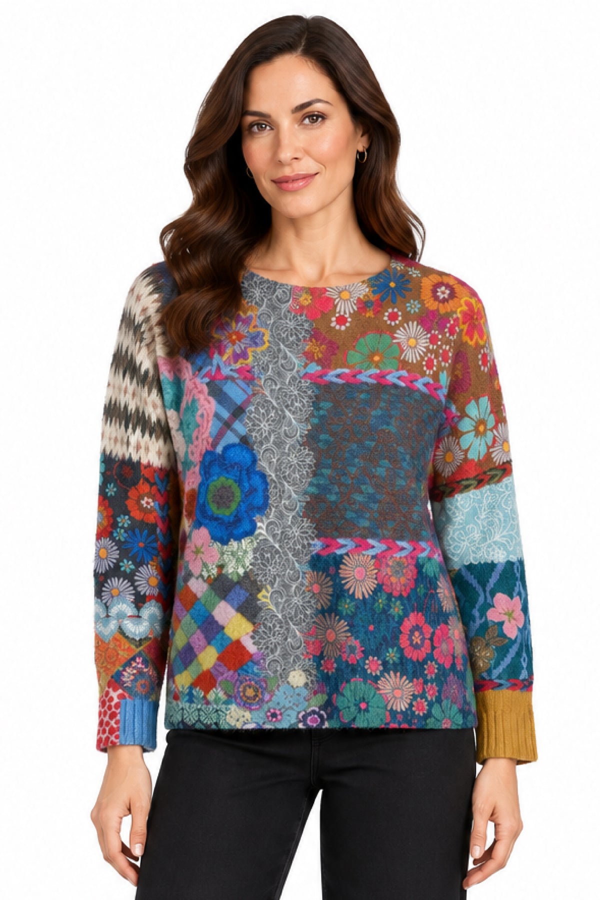 Multi Patchwork Print Felted Dolman Sweater