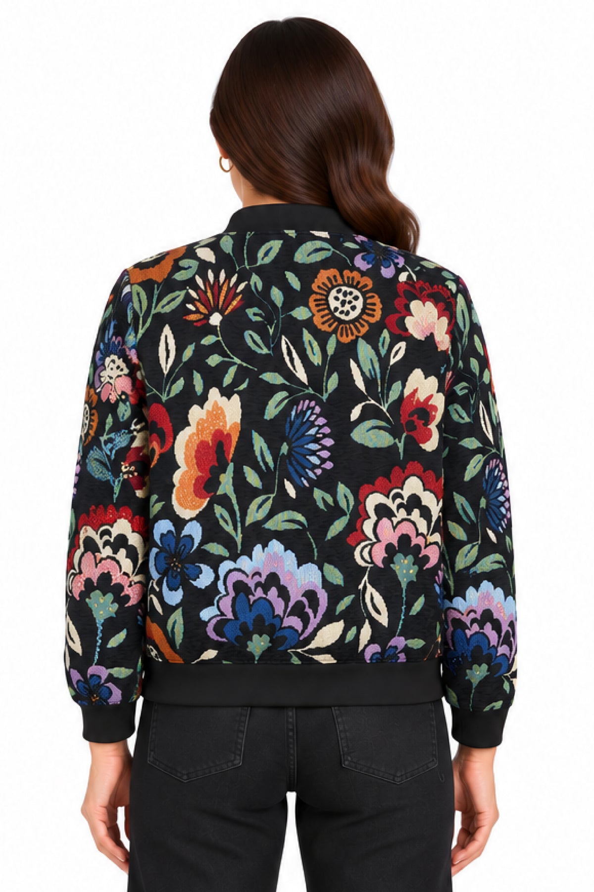 Black Floral Jacquard Beaded Zip Jacket