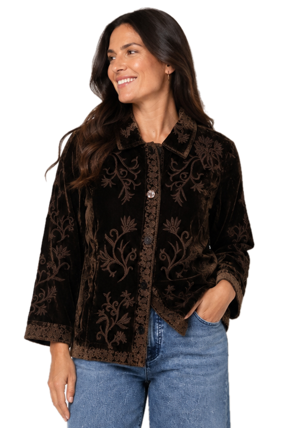 Dark Brown Velvet Embroidered Button Front Blouse - Missy