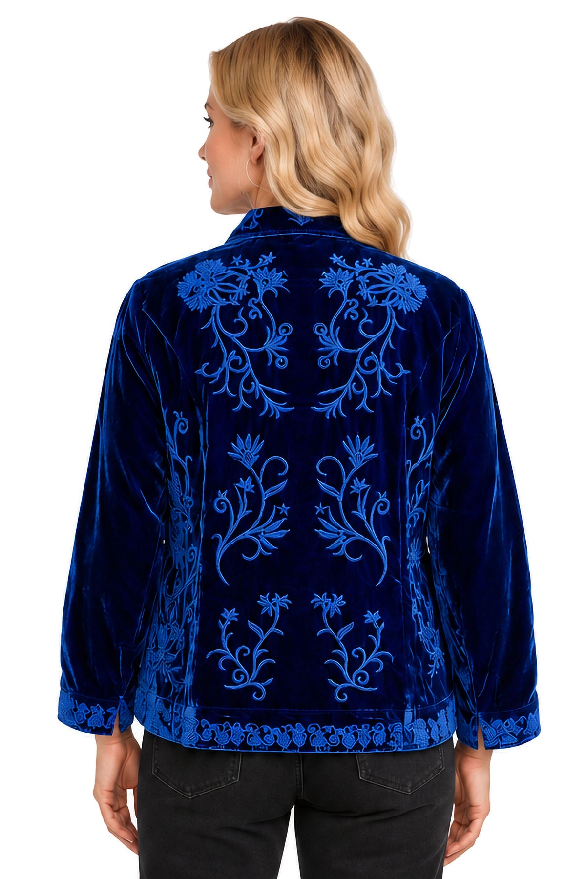 Regal Blue Velvet Embroidered Button Front Blouse - Missy