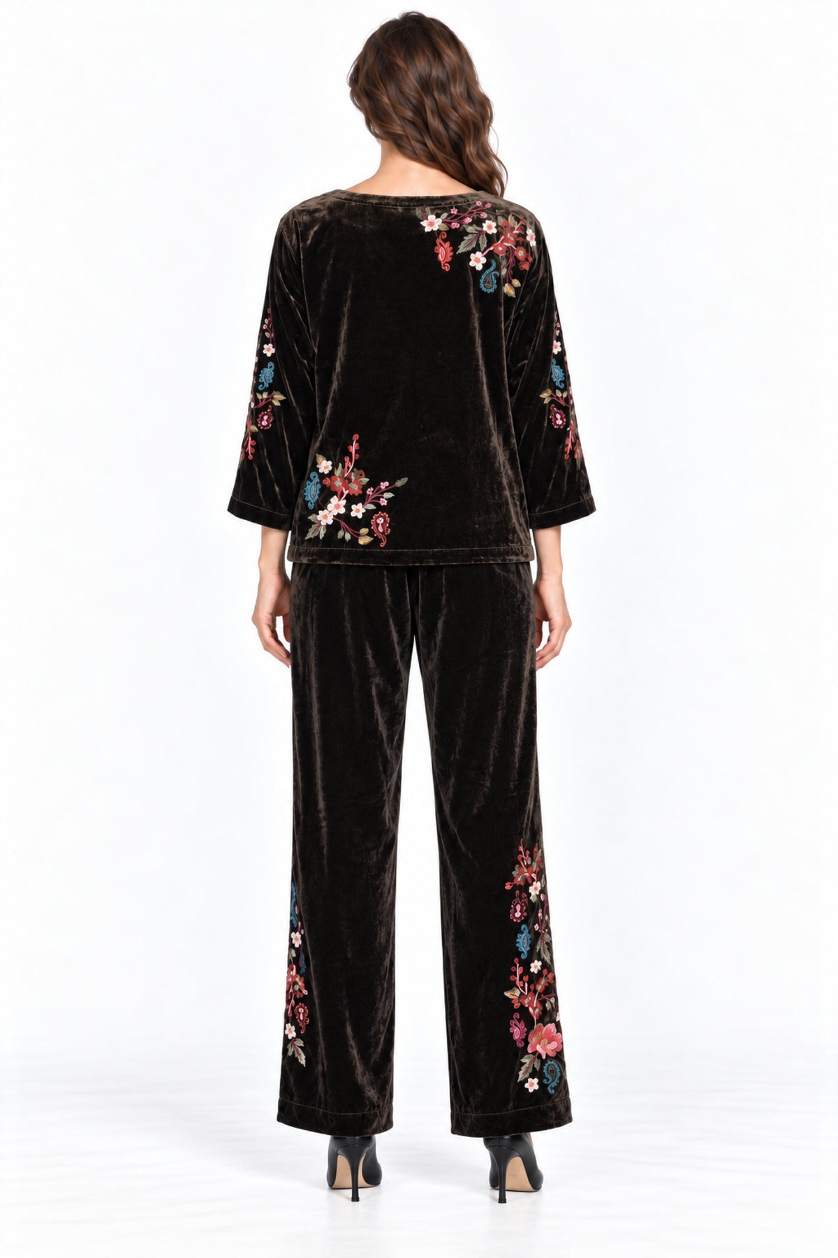 Chocolate Embroidered Velvet Pull-On Pant