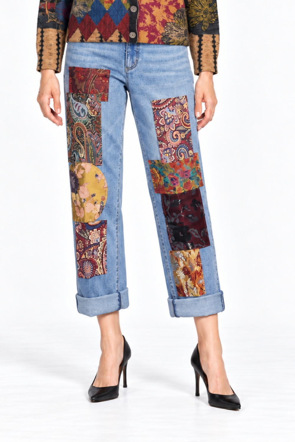 Multi Mixed Print Cardigan & Patchwork Jean Set