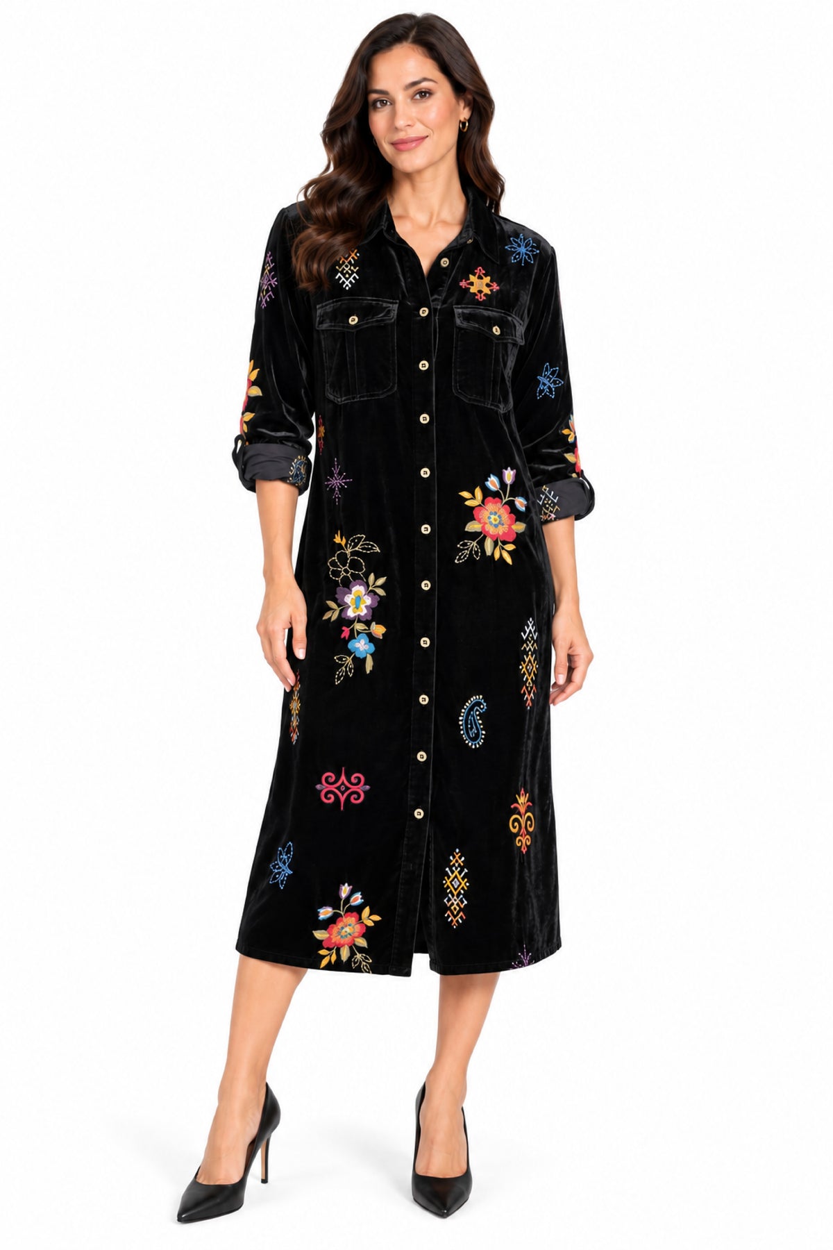 Black Velvet Embroidered Shirt Dress