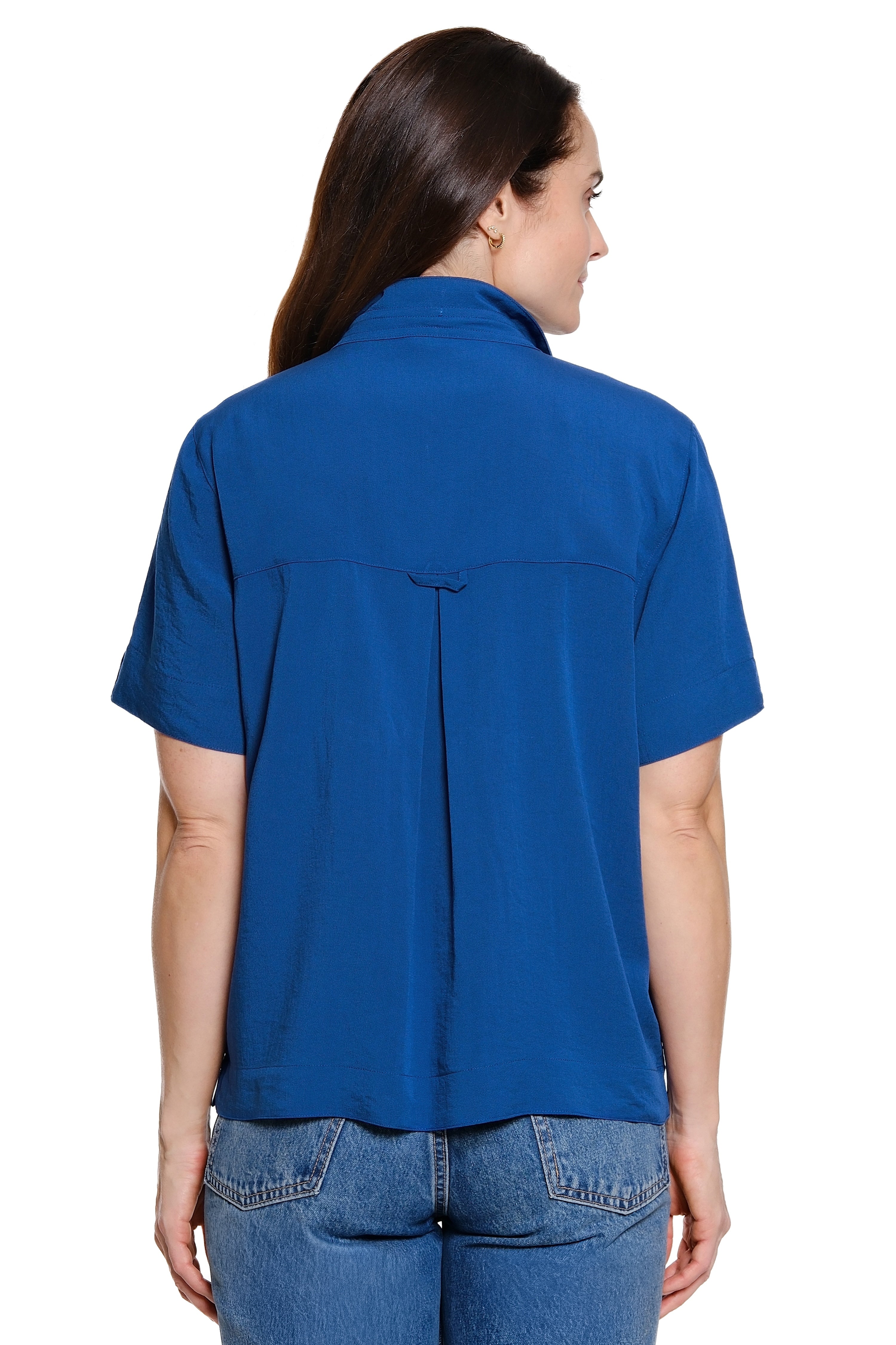 Solid Button-Front Blouse with Wire Collar - Navy