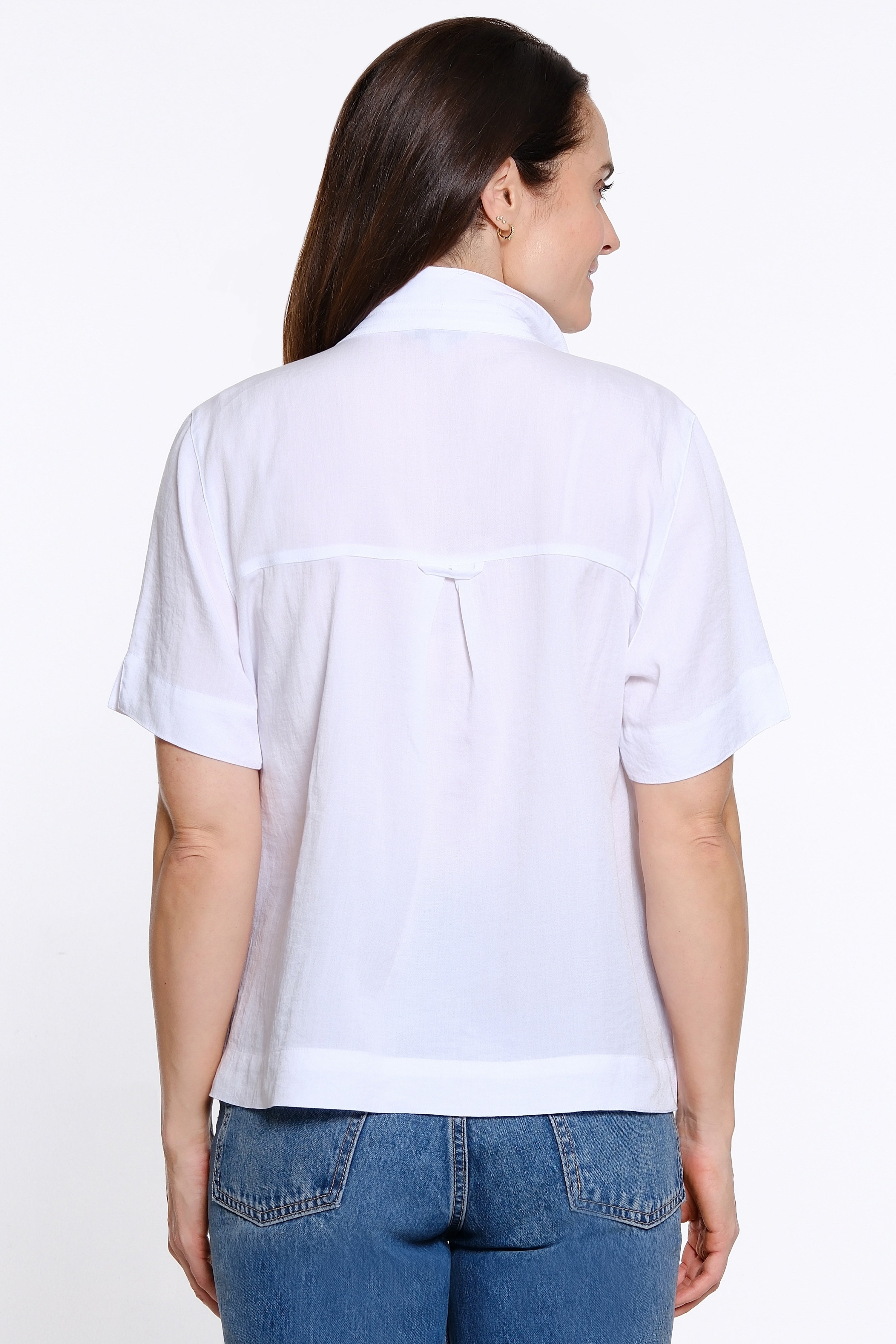 Solid Button-Front Blouse with Wire Collar - White