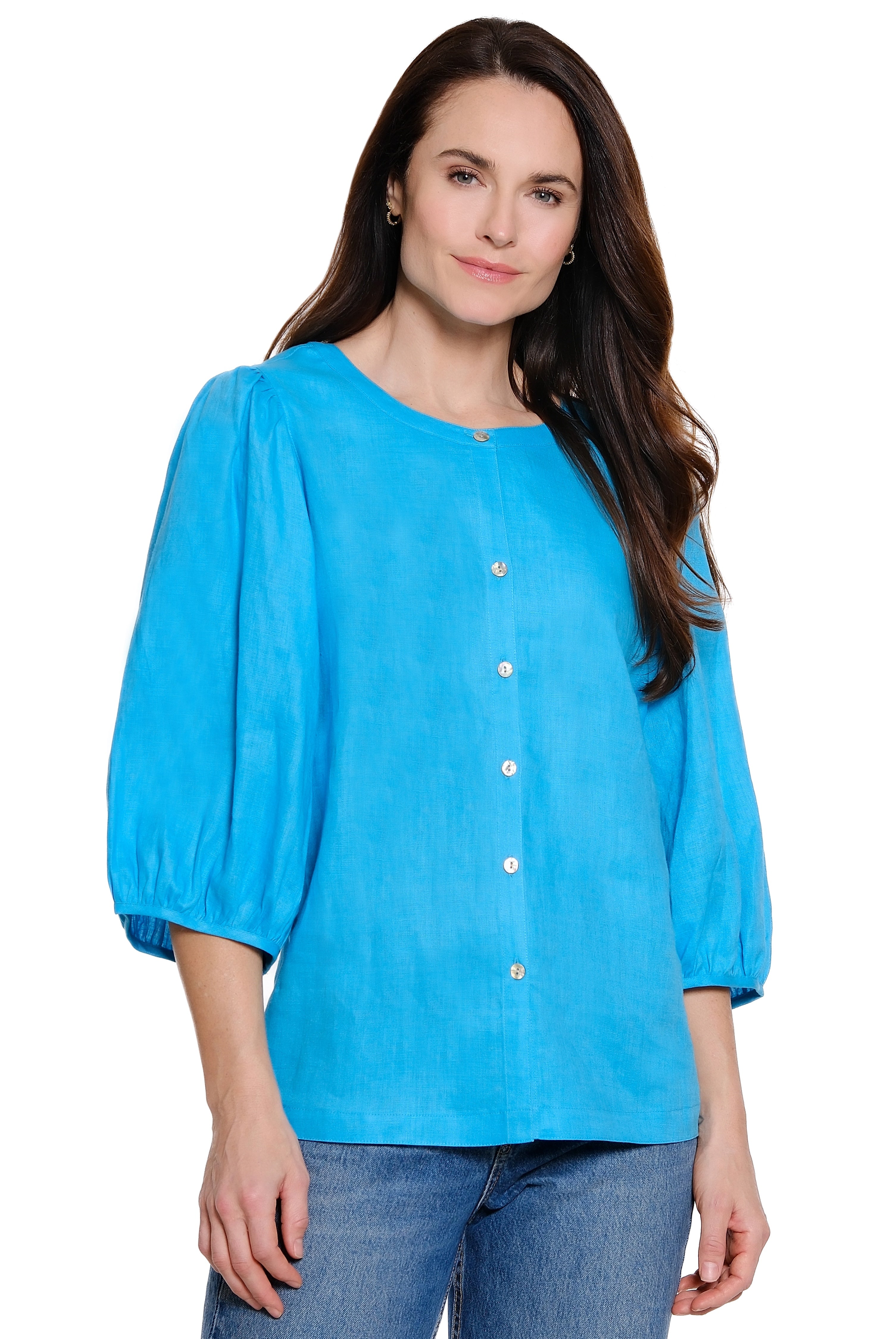 Solid Blouse with Puff Sleeves - Soft Turquoise