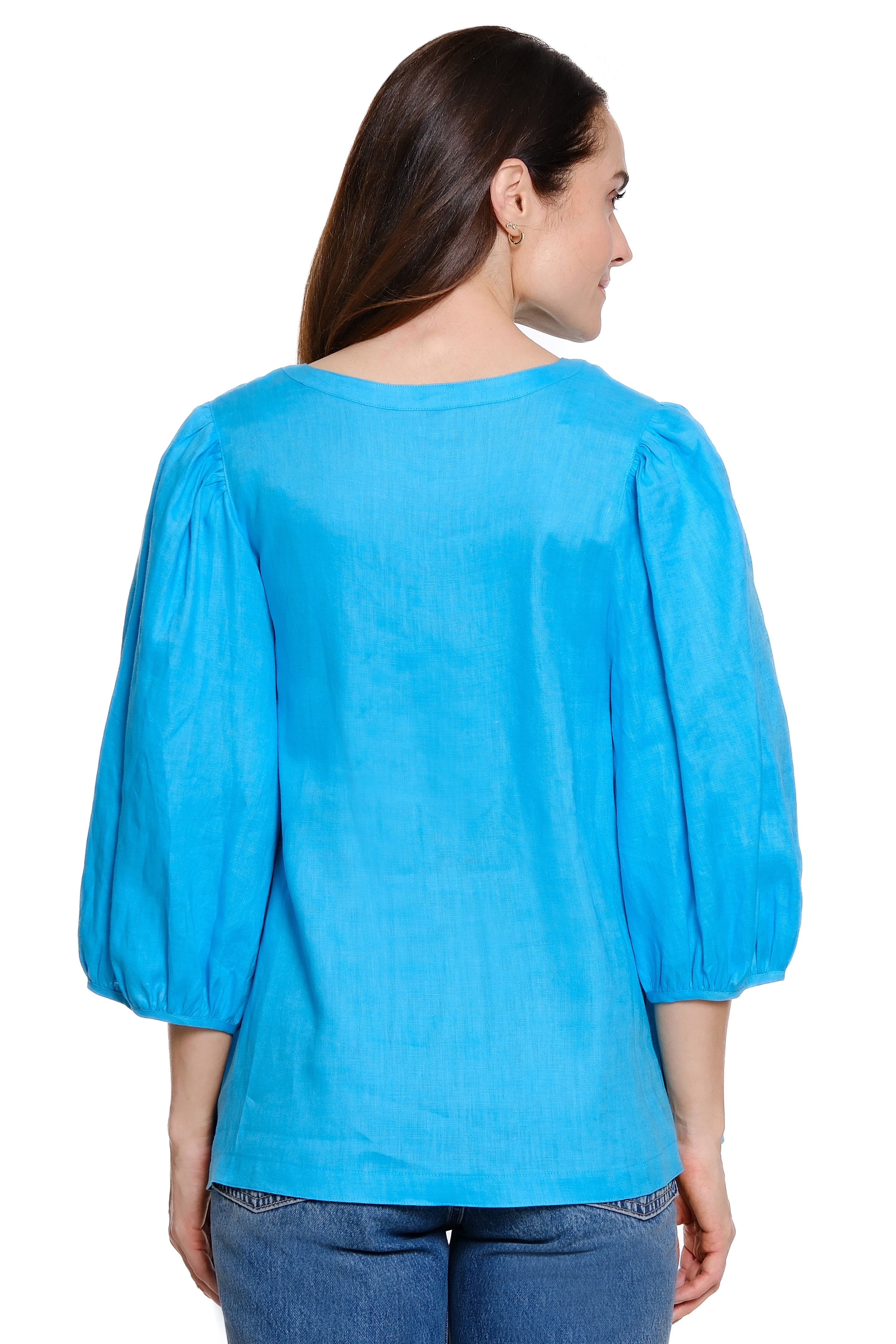 Solid Blouse with Puff Sleeves - Soft Turquoise