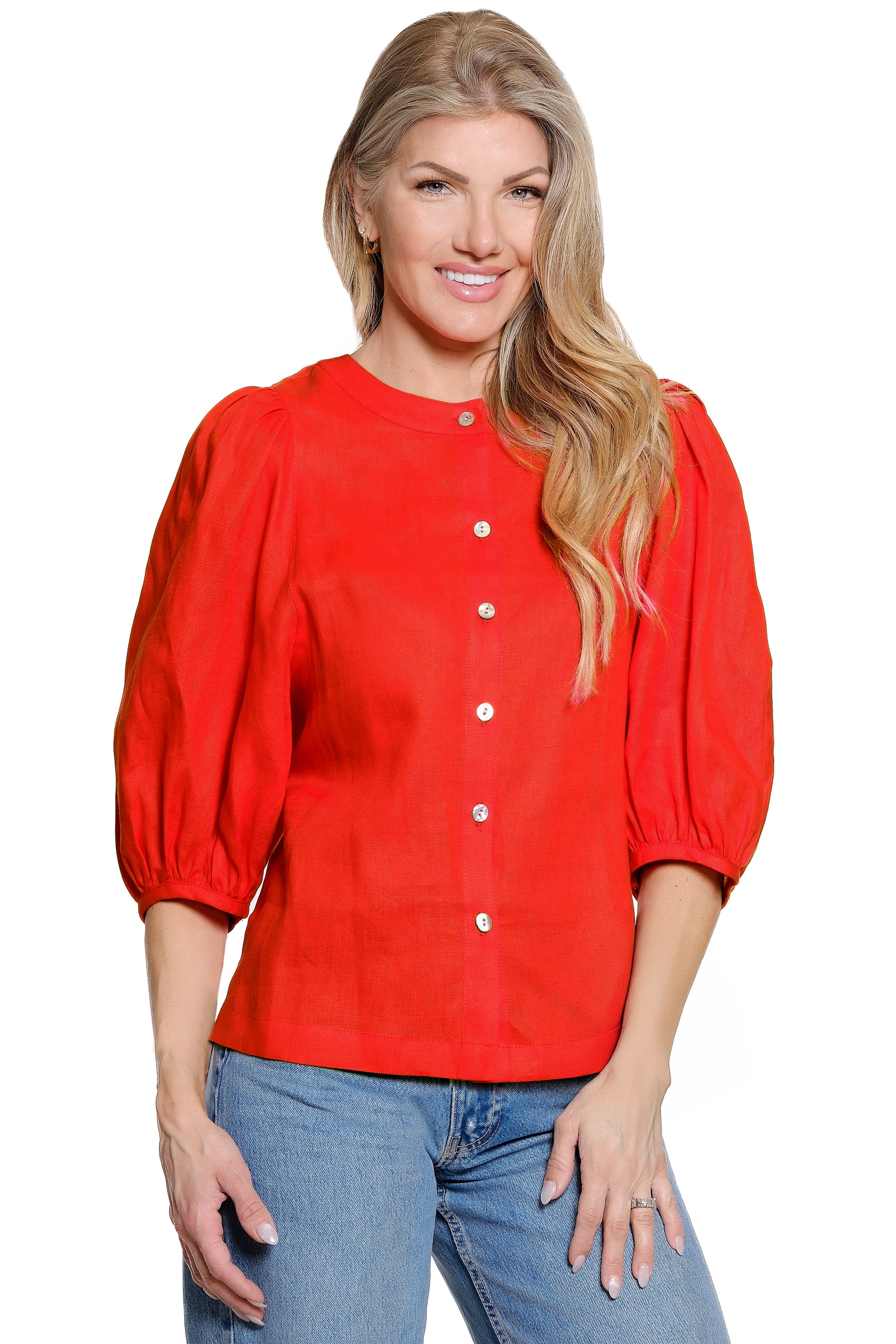 Solid Blouse with Puff Sleeves - Vivid Red