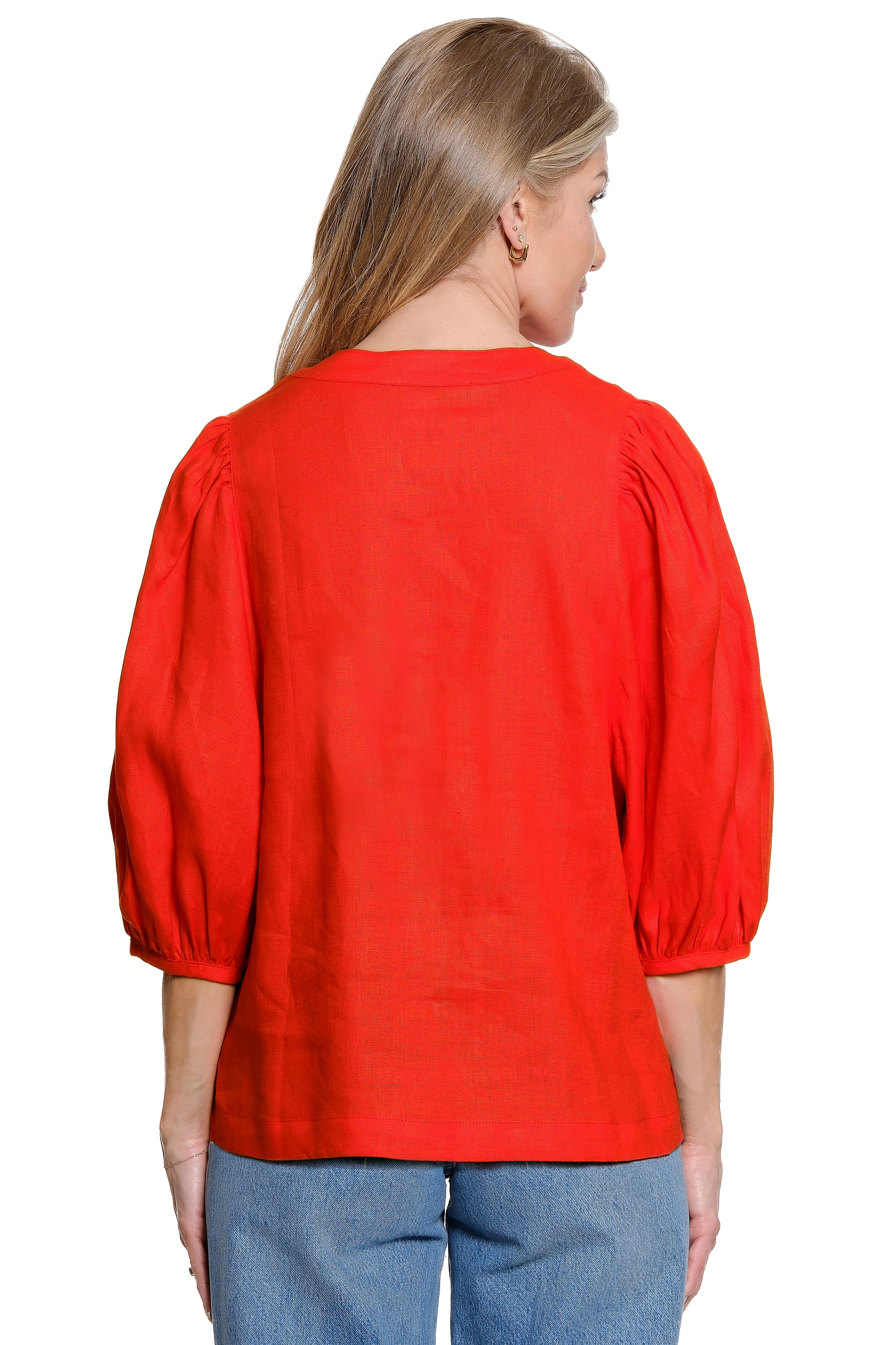 Solid Blouse with Puff Sleeves - Vivid Red
