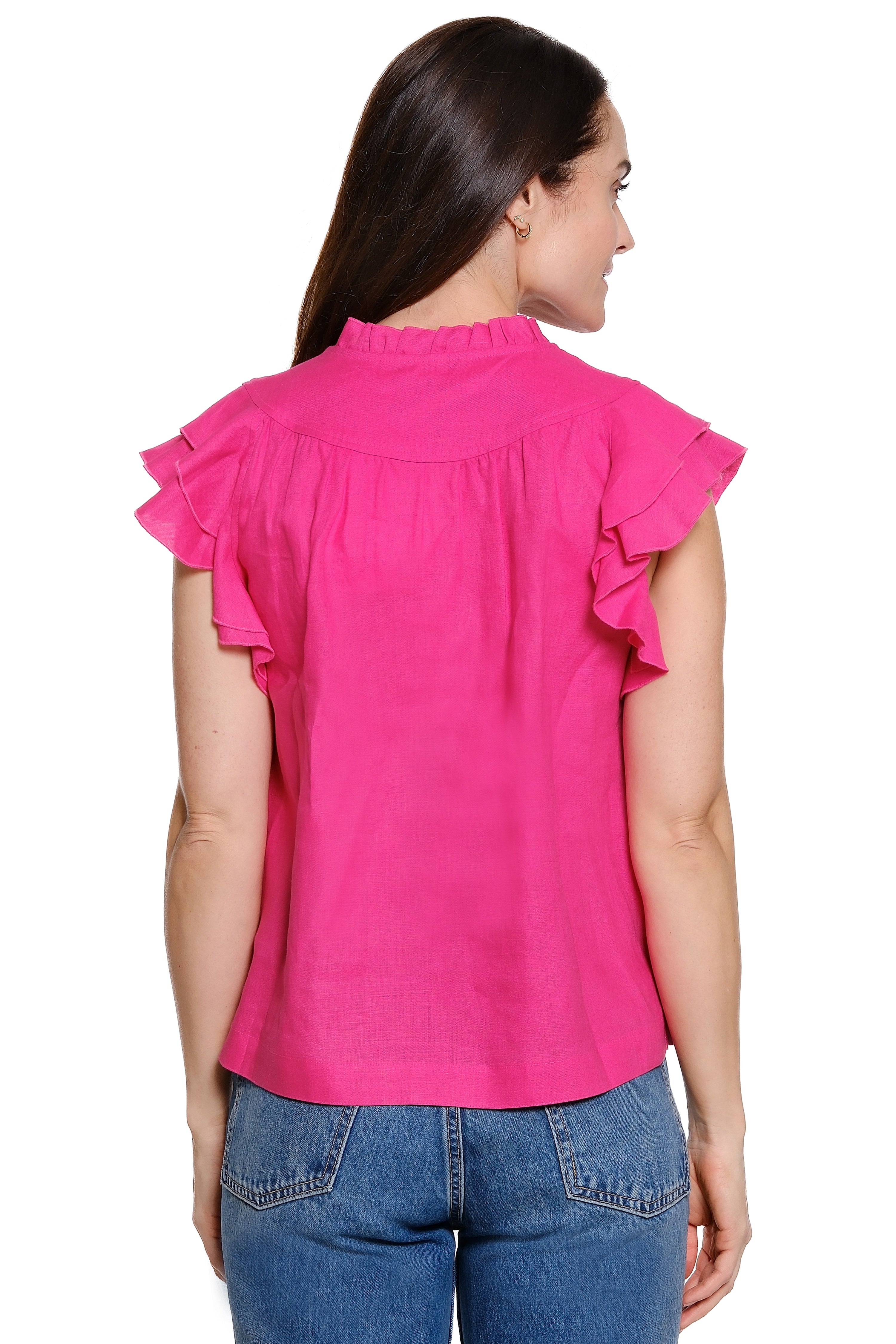 Ruffle Neck Flutter Sleeve Top - Bright Fuchsia