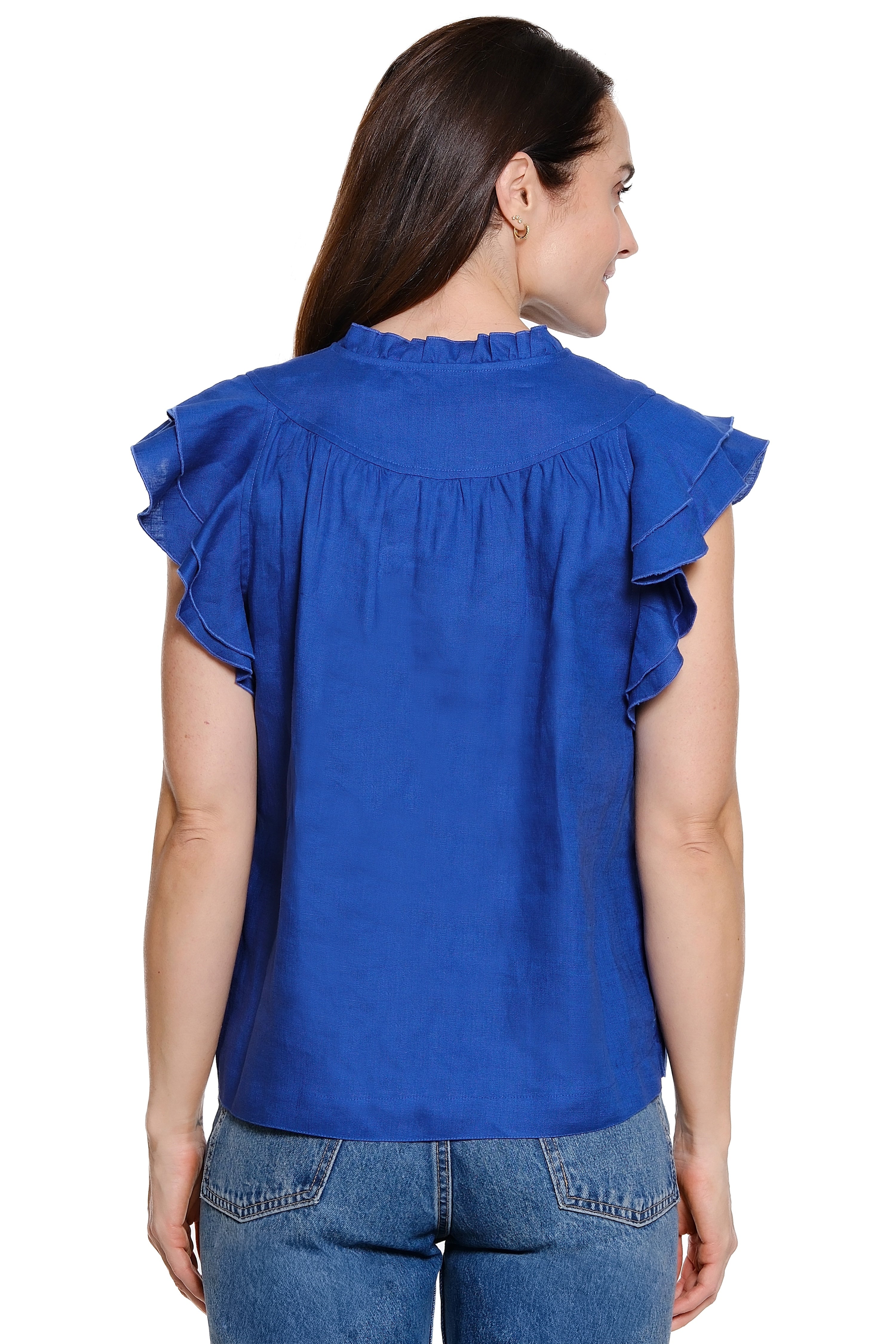 Ruffle Neck Flutter Sleeve Top - Royal