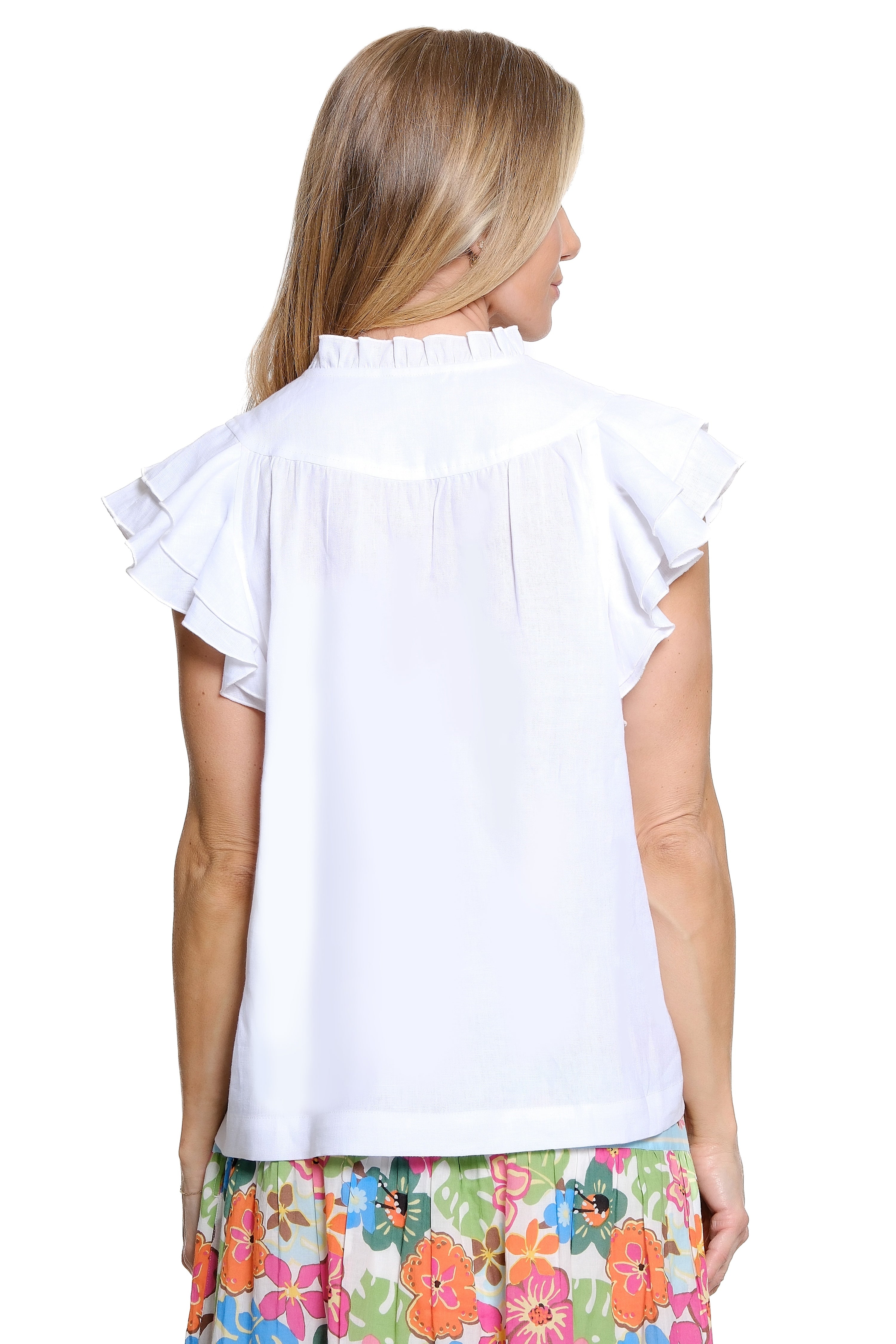 Ruffle Neck Flutter Sleeve Top - White