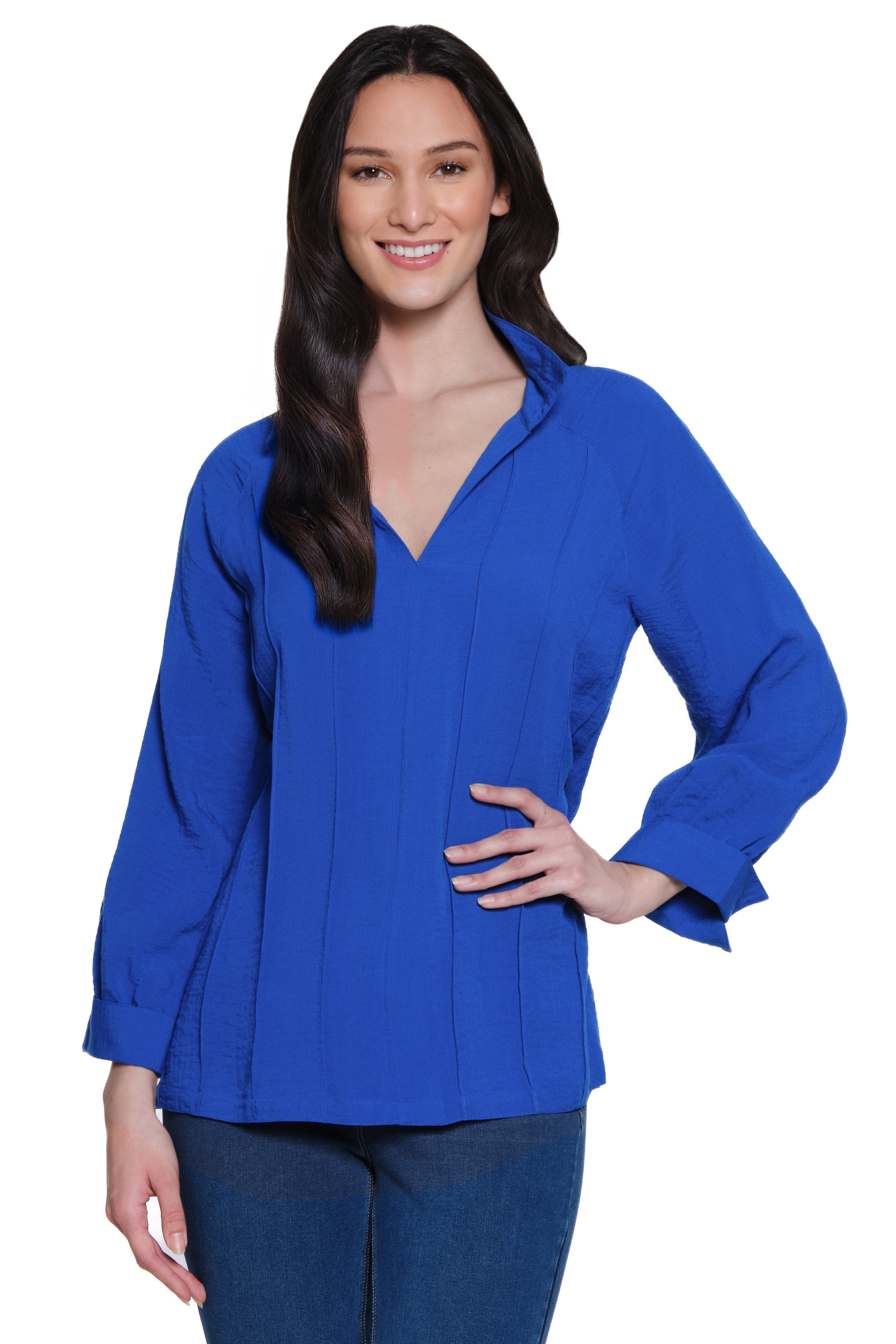 Split Neck Top with Pintuck Detail - Plus - Cobalt