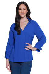 Split Neck Top with Pintuck Detail - Plus - Cobalt
