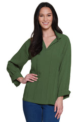 Split Neck Top with Pintuck Detail - Plus - Dark Olive
