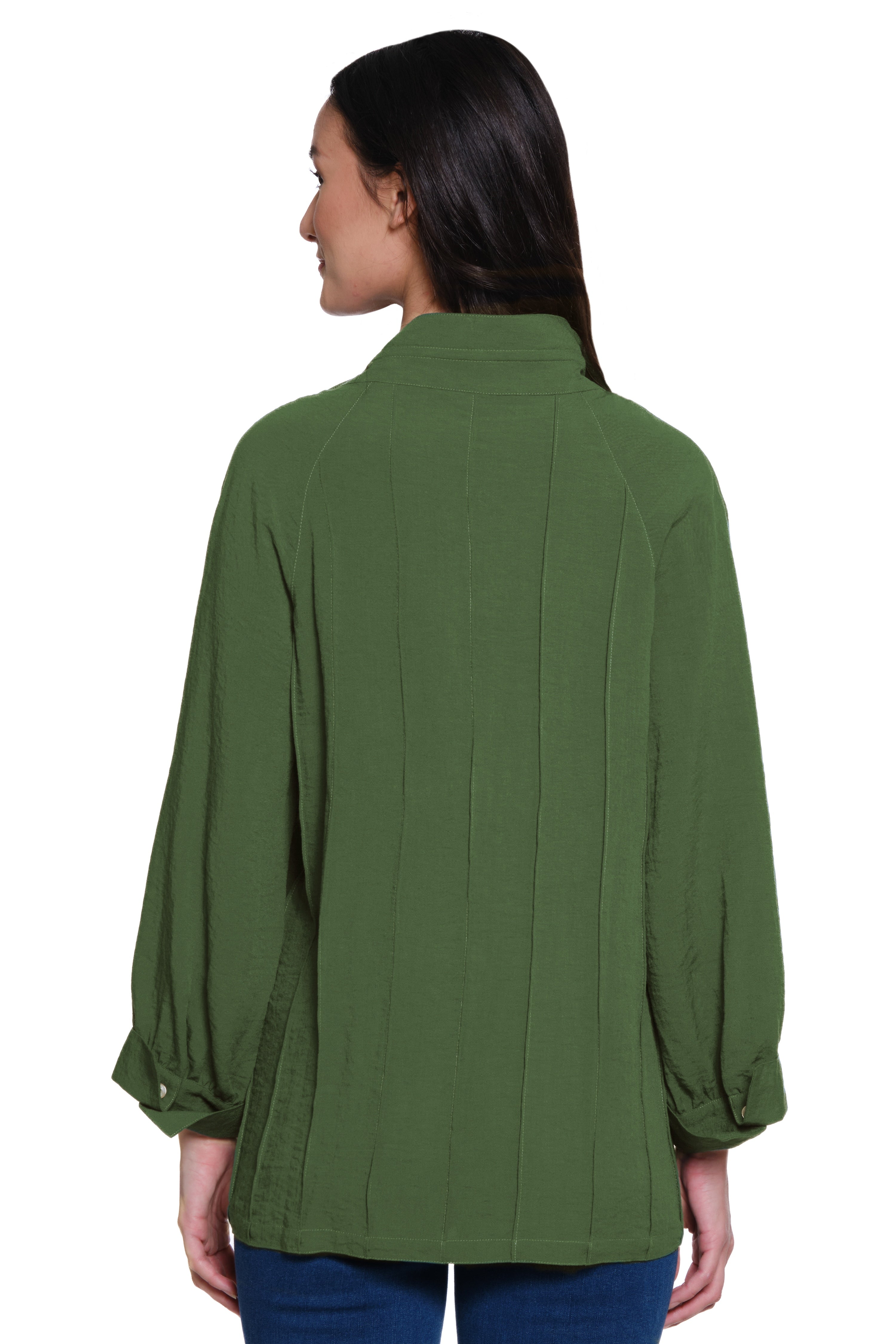 Split Neck Top with Pintuck Detail - Dark Olive