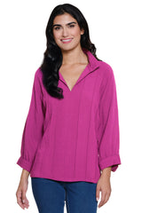 Split Neck Top with Pintuck Detail - Plus - Orchid
